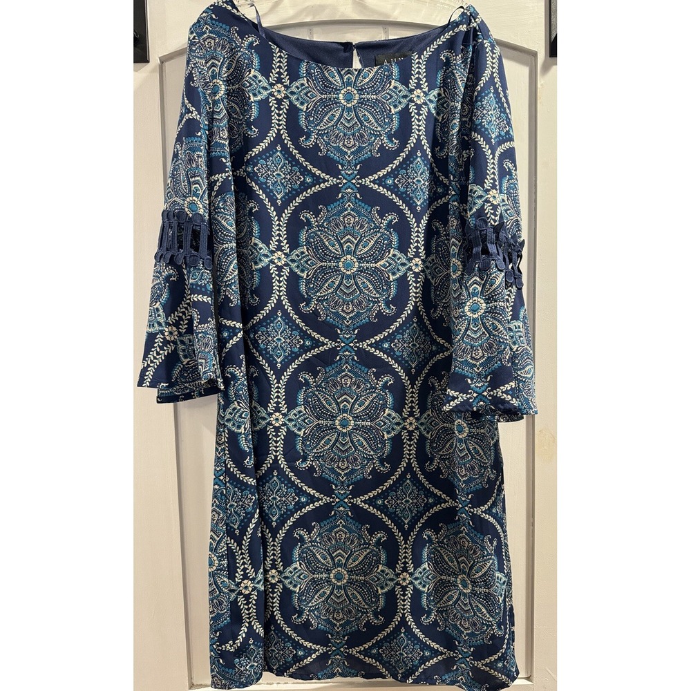 AUW Navy Blue Print Shift Dress Sz6  3/4 Length Bell Sleeve New